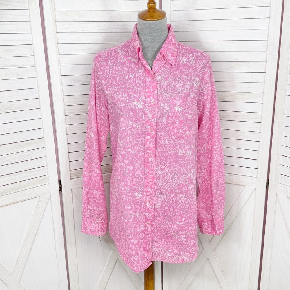 Vintage Pink Victorias Secret Graffiti Print Sleep Night Shirt Pink White Medium